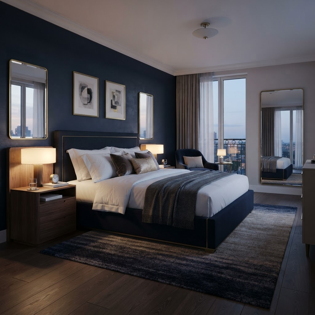 Master Bedroom — Egyptian cotton, cashmere, brass detailing