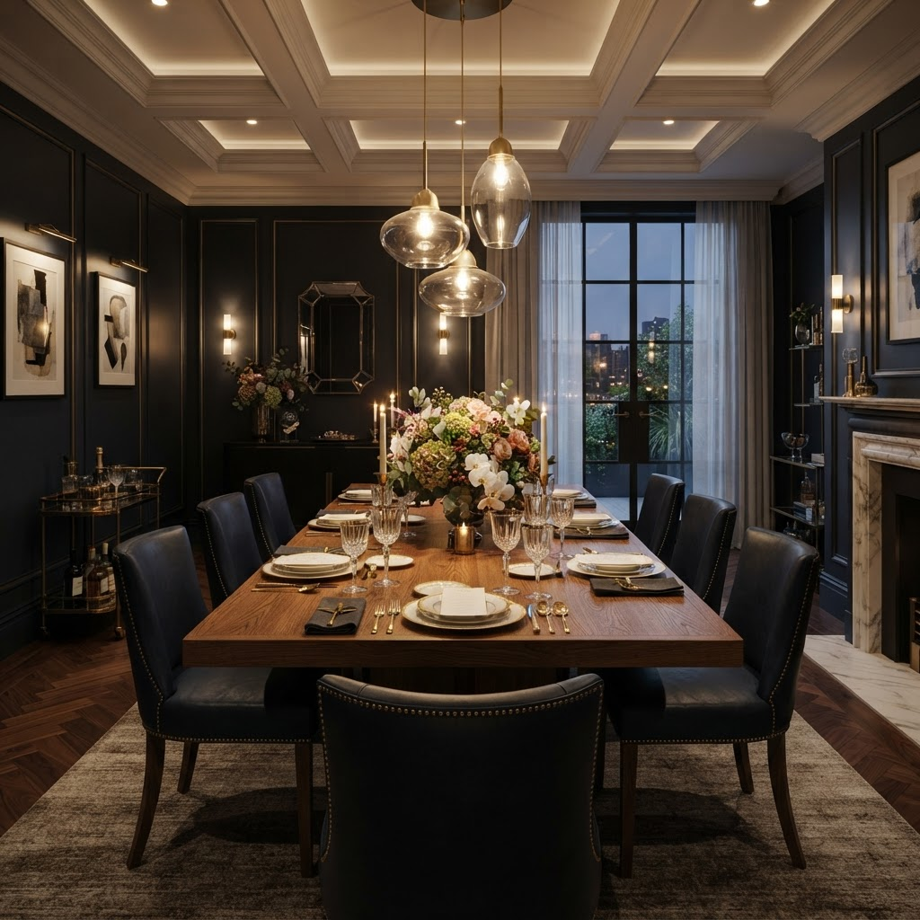 Dining Room — solid oak table, hand-blown glass pendants