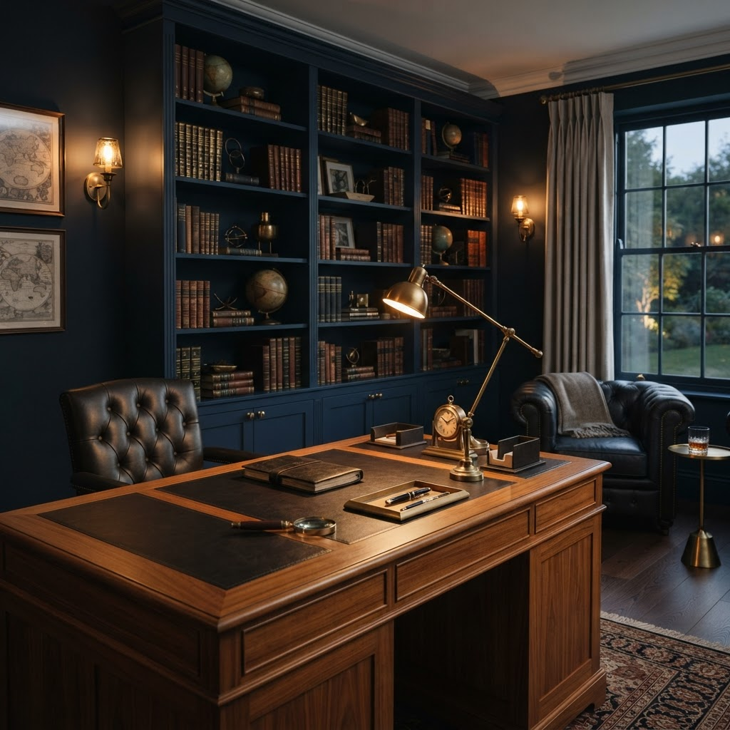 Study — teak and leather desk, brass accessories, task lighting